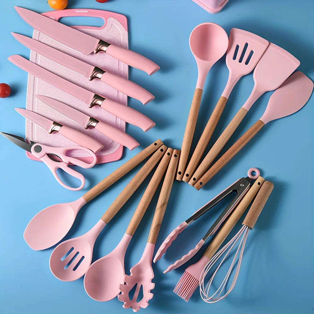 19 Advanced Silicone Kitchenware Sets Equipped with Wooden Handles and Knives-heat-resistant,convenient Cooking Kitchen Gadgets.