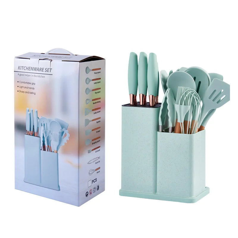 19 Advanced Silicone Kitchenware Sets Equipped with Wooden Handles and Knives-heat-resistant,convenient Cooking Kitchen Gadgets.