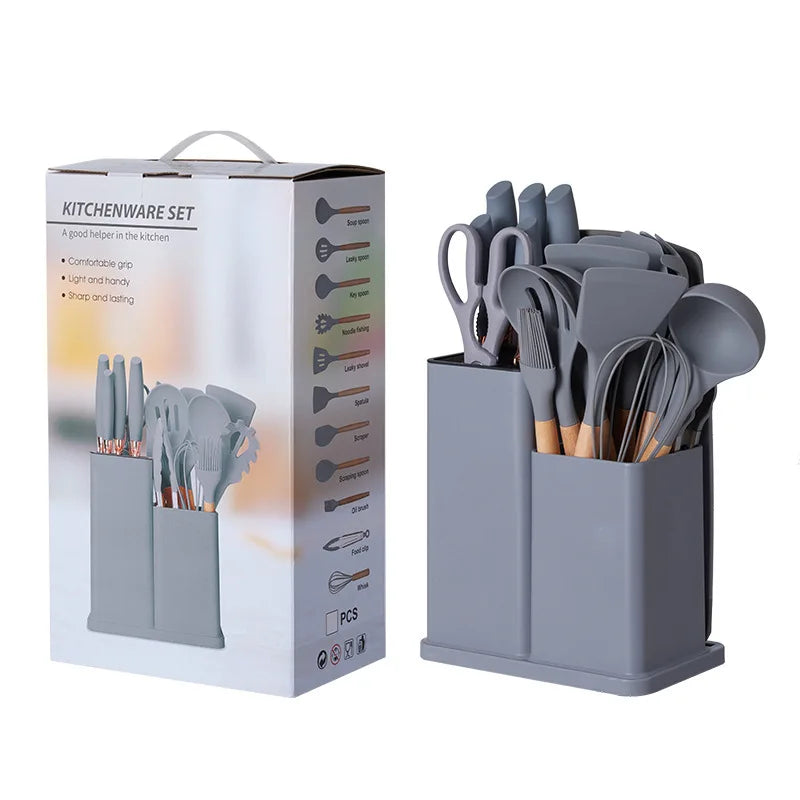 19 Advanced Silicone Kitchenware Sets Equipped with Wooden Handles and Knives-heat-resistant,convenient Cooking Kitchen Gadgets.