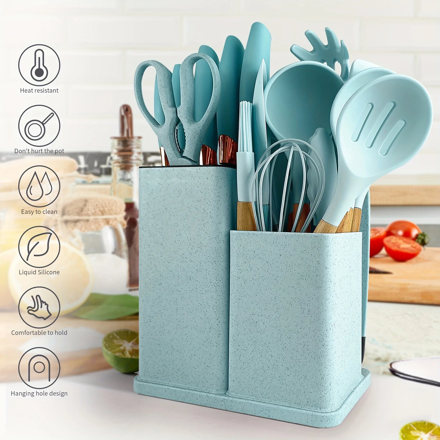 19 Advanced Silicone Kitchenware Sets Equipped with Wooden Handles and Knives-heat-resistant,convenient Cooking Kitchen Gadgets.