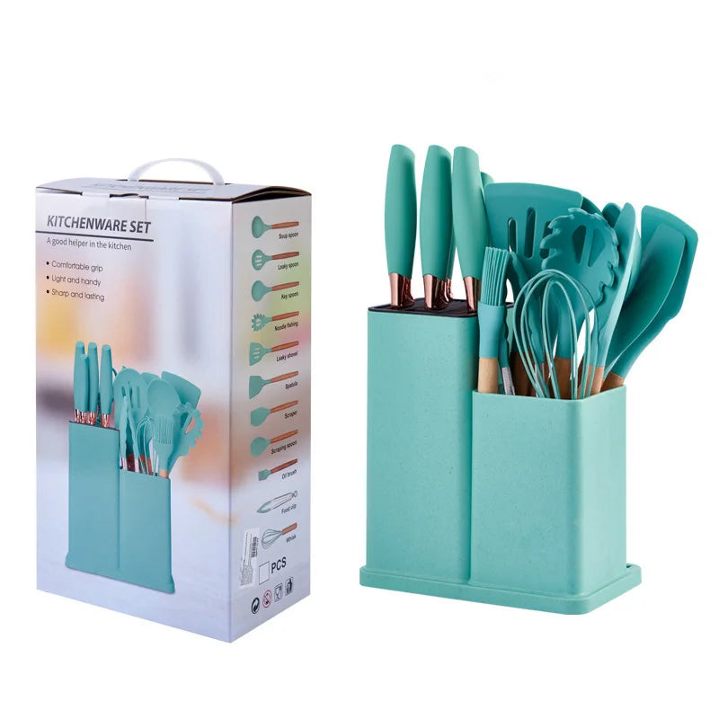 19 Advanced Silicone Kitchenware Sets Equipped with Wooden Handles and Knives-heat-resistant,convenient Cooking Kitchen Gadgets.